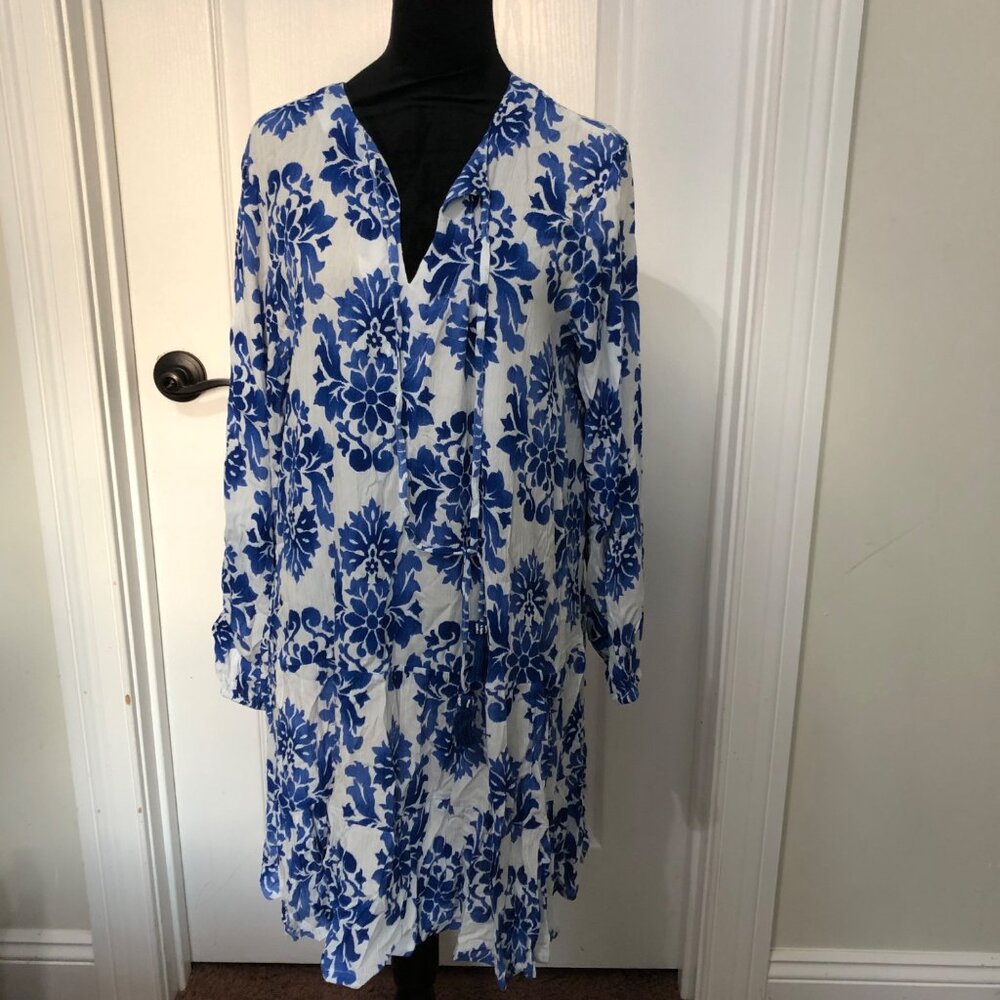 Band Of The Free White‎ & Blue Floral Long Sleeve Dress Womens Size Medium NWT